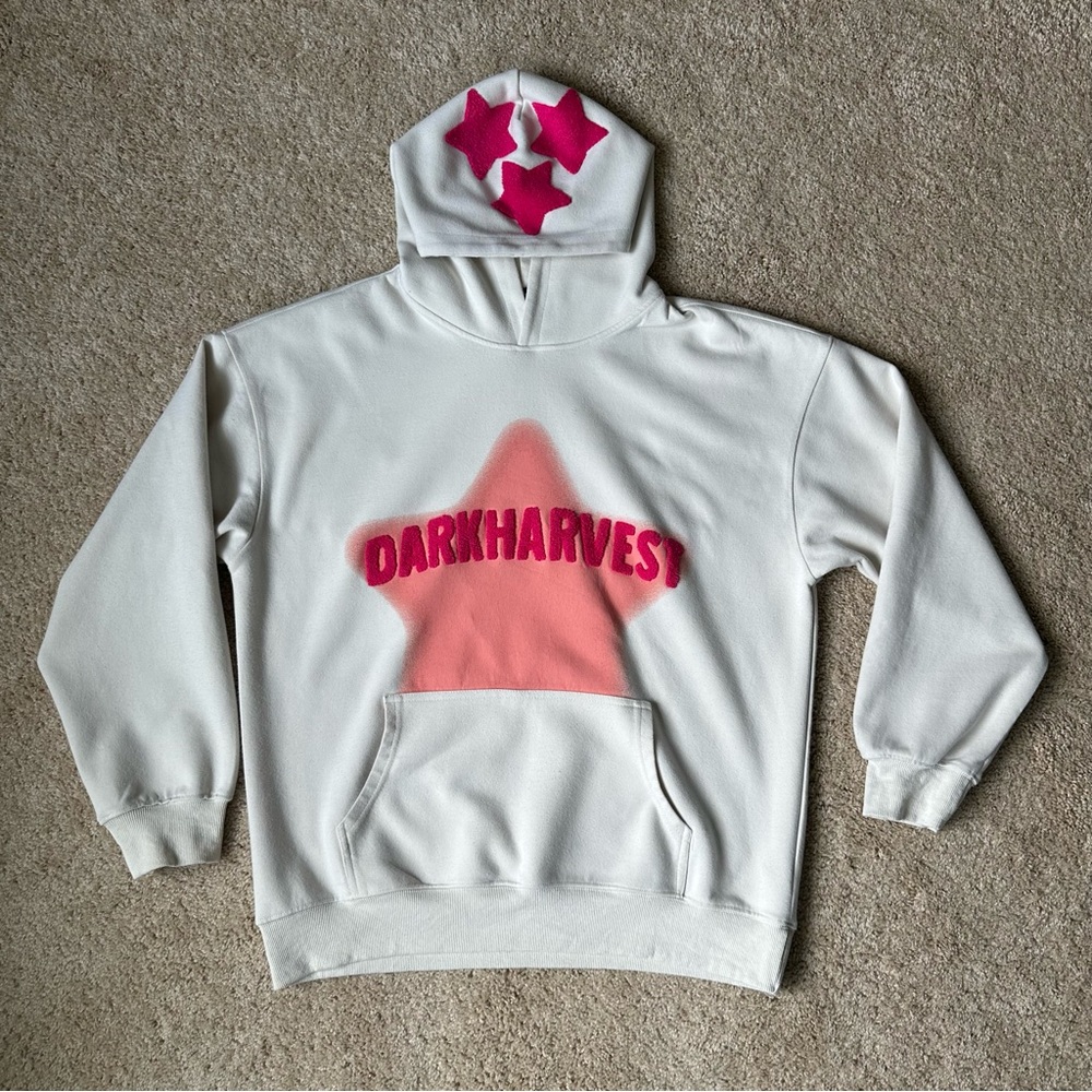 Dark Harvest White Hoodie with Pink Star Design
